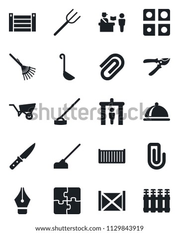 Set of vector isolated black icon - passport control vector, security gate, farm fork, rake, wheelbarrow, pruner, hoe, cargo container, application, paper clip, ink pen, dish, ladle, knife, radiator