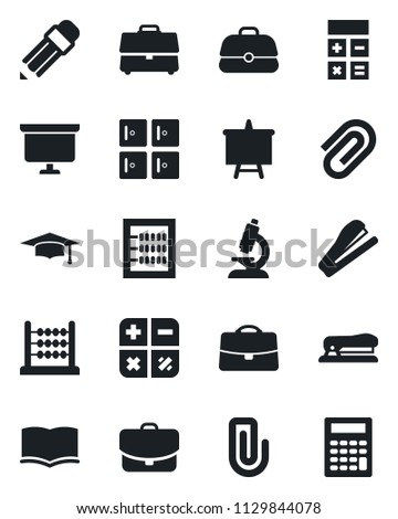 Set of vector isolated black icon - checkroom vector, book, calculator, graduate, presentation board, microscope, case, paper clip, abacus, pencil, stapler