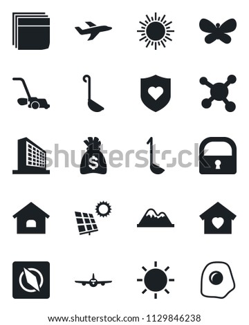 Set of vector isolated black icon - sun vector, plane, office building, money bag, lawn mower, butterfly, heart shield, molecule, compass, lock, blank box, house, panel, mountains, sweet home, ladle