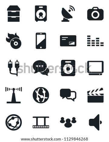 Set of vector isolated black icon - satellite antenna vector, clapboard, film frame, flame disk, camera, equalizer, tv, network, cell phone, dialog, speaker, group, mail, rca, archive chest, sound
