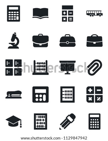 Set of vector isolated black icon - airport bus vector, checkroom, book, calculator, graduate, abacus, presentation board, microscope, case, paper clip, pencil, stapler