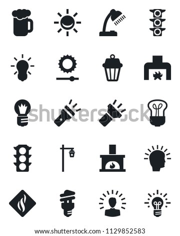 Set of vector isolated black icon - bulb vector, garden light, traffic, torch, brightness, desk lamp, fireplace, beer, smoke detector, energy saving, outdoor, alarm led, shining head, idea
