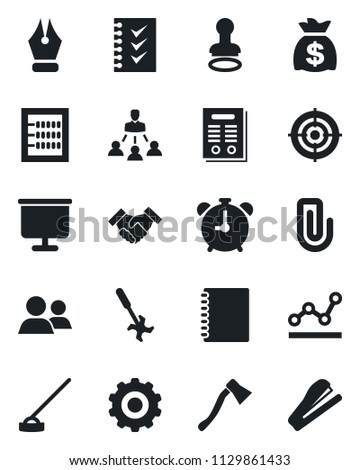 Set of vector isolated black icon - alarm clock vector, stamp, gear, money bag, hoe, axe, ripper, group, copybook, presentation board, paper clip, abacus, ink pen, checklist, point graph, target