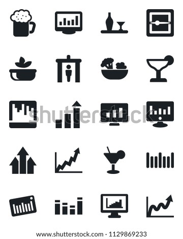 Set of vector isolated black icon - security gate vector, growth statistic, monitor, barcode, equalizer, scanner, statistics, alcohol, cocktail, beer, salad, arrow up graph