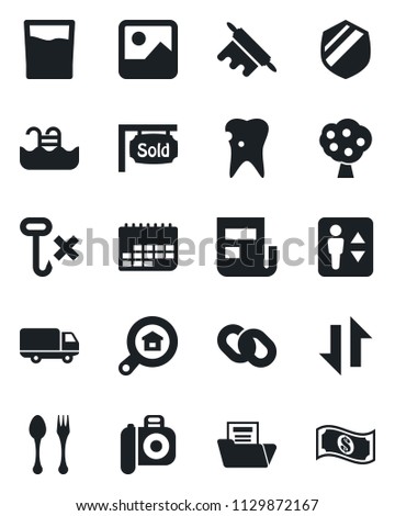 Set of vector isolated black icon - spoon and fork vector, elevator, caries, car delivery, term, no hook, shield, camera, chain, gallery, data exchange, news, document folder, pool, fruit tree, cash