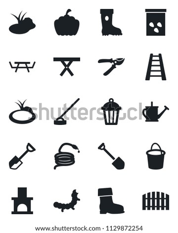 Set of vector isolated black icon - job vector, shovel, ladder, watering can, bucket, pruner, boot, hose, hoe, pumpkin, garden light, fireplace, seeds, caterpillar, pond, picnic table, fence