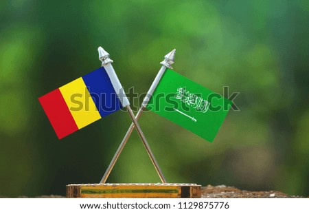 Saudi Arabia and Romania small flag with blur green background
