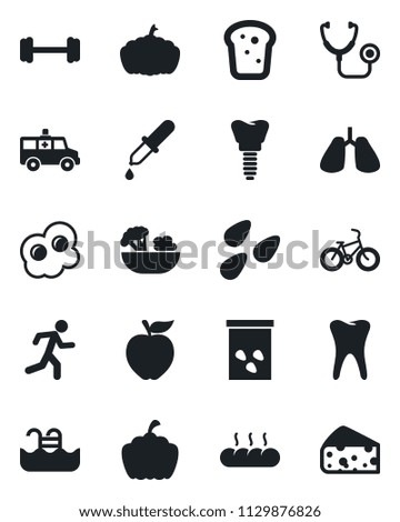 Set of vector isolated black icon - pumpkin vector, seeds, stethoscope, dropper, ambulance car, barbell, bike, run, lungs, tooth, implant, pool, salad, bread, omelette, apple fruit, cheese