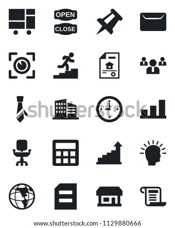 Set of vector isolated black icon - growth statistic vector, team, document, drawing pin, store, consolidated cargo, calculator, clock, bar graph, office chair, tie, career ladder, mail, estate