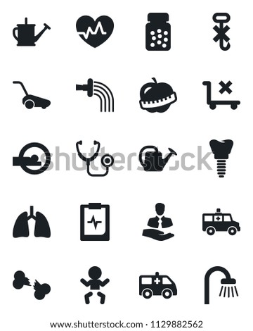 Set of vector isolated black icon - baby vector, watering can, lawn mower, heart pulse, stethoscope, pills bottle, tomography, ambulance car, lungs, implant, broken bone, clipboard, diet, client