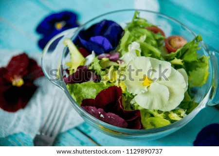Spring vitamin salad: greens with cherry tomatoes and edible flowers (pansies) on a blue wooden background. The concept of healthy eating.