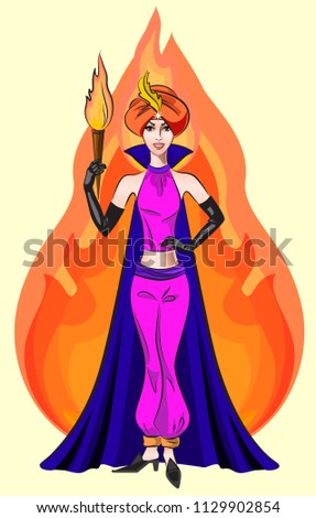 a magic girl in a turban and with a torch, an assistant magician in oriental costume