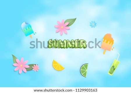 Summer clip art set. Handwritten lettering with  ice-cream, beverage, flowers and other summer items isolated on sky background.  Vector illustration.
