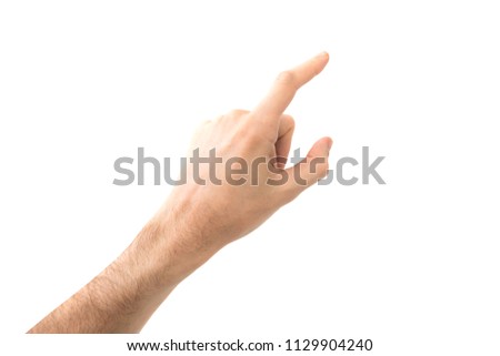 Female hand touching or pointing finger to something isolated on white background Royalty-Free Stock Photo #1129904240