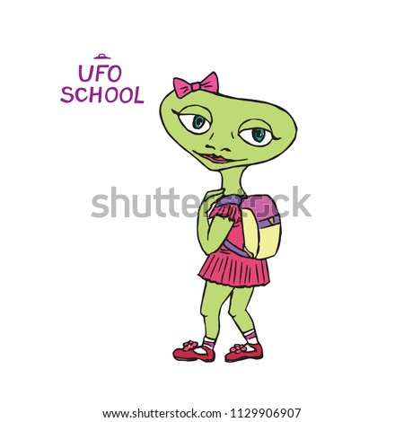 Alien humanoid soft green color girl going to school with bag on shoulders, hand drawn doodle, sketch, vector color illustration