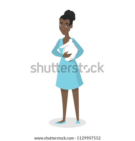 Beautiful happy african american woman holding her white pet rabbit. Cute domestic animals. Isolated vector illustration in cartoon style