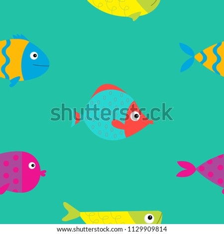Cute cartoon fish icon set. Seamless Pattern. Flat design. Baby kids collection. Colorful aquarium animals. Green background. Isolated. Wrapping paper, textile template. Vector illustration