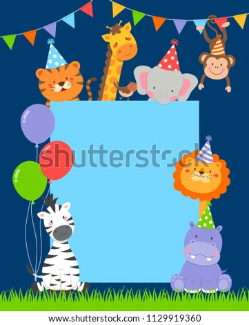 Cute wildlife cartoon animals border design for party invitation card template