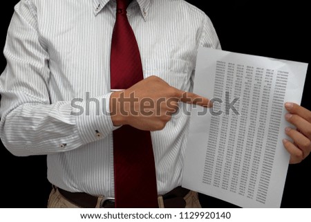 bussiness person has (hold) paper document and pointing out sign