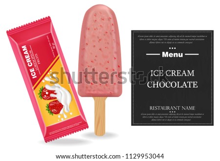 Strawberry ice cream Vector realistic. Product packaging mock up. Label menu dessert designs