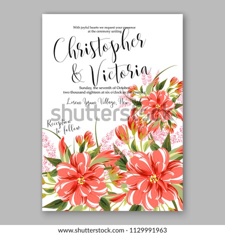 Red dahlia Floral wedding invitation vector printable card template