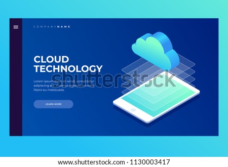 Homepage. Header for website and mobile website. Concept of cloud storage, computer technology, Internet. Picture of tablet that transmits data. 3d isometric design. Vector illustration.