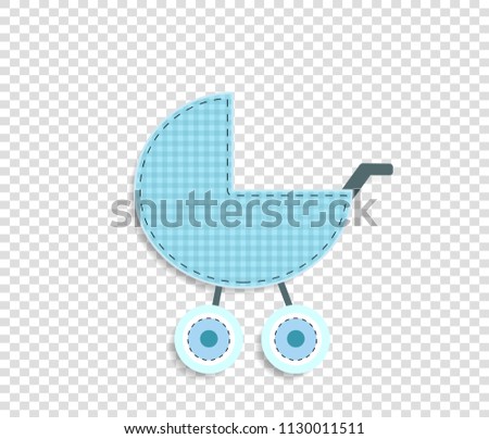 Cute baby boy vector clip art element for scrapbook or baby shower greeting card and kids design. Cut out fabric or paper checkered blue stroller sticker or icon isolated on transparent background.
