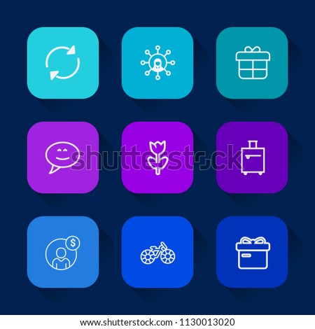 Modern, simple vector icon set on colorful long shadow backgrounds with box, trip, phone, white, accounting, cutout, money, message, suitcase, spring, communication, repeat, display, account icons.