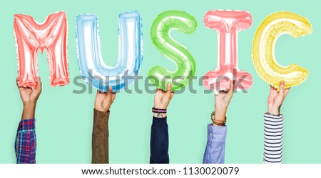 Hands showing music balloons word