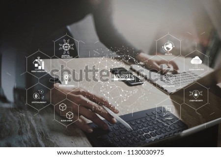 Futuristic in Industry 4.0 and business virtual diagram with Ai, robot assistant, Cloud, big data and automation. Website designer working digital tablet dock keyboard and computer laptop,smart phone.