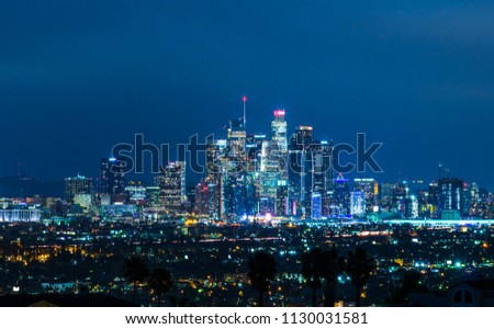los angeles city skyline at night.