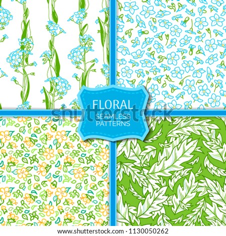Forget-me-nots and agrimony boundless backgrounds. Yellow, blue and violet tiny flowers and bright green leaves. Outline tileable design elements.
