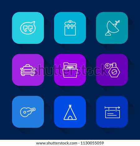Modern, simple vector icon set on colorful long shadow backgrounds with tent, taxi, dialog, guitar, vehicle, message, perfume, blank, sign, professional, communication, speech, transportation icons.