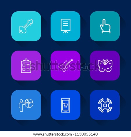 Modern, simple vector icon set on colorful long shadow backgrounds with door, speaker, list, guitar, phone, conference, finger, click, aerial, meeting, metal, musical, music, businesswoman, old icons.