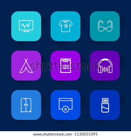 Modern, simple vector icon set on colorful long shadow backgrounds with travel, diagnostic, outdoor, poster, sun, fashion, audio, cabinet, interior, furniture, hospital, tshirt, shipping, shirt icons.