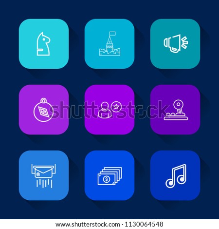 Modern, simple vector icon set on colorful long shadow backgrounds with profile, technology, speaker, competition, music, building, north, tower, post, east, musical, mail, chess, loudspeaker icons.