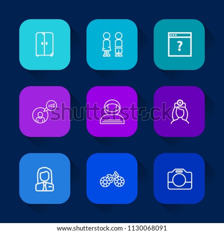 Modern, simple vector icon set on colorful long shadow backgrounds with smile, computer, page, cosmonaut, space, girl, happy, film, cycle, cabinet, wheel, boy, science, home, standing, doctor icons.