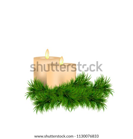 Christmas and New Year decoration with candles and spruce twig isolated on white background. Vector illustration