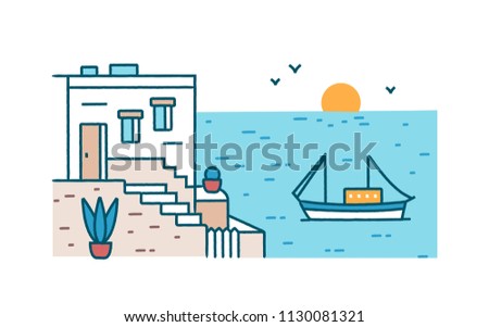 Summertime scenery with beautiful hotel building standing against boat or ship sailing in sea or ocean and setting sun on background. Summer resort. Colorful vector illustration in line art style