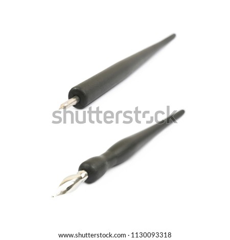 Ink pen with the metal nib isolated over the white background , set of several different foreshortenings