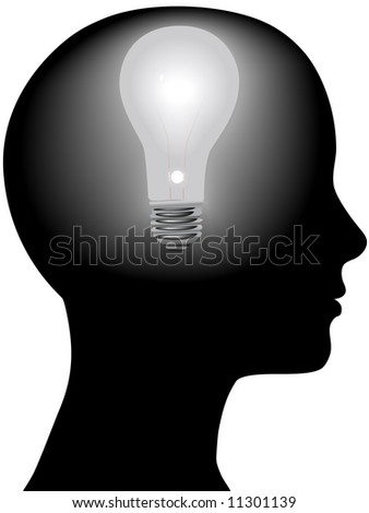 A light bulb shines in the head of a thinking woman, concept of a bright idea, invention, inspiration, mind.
