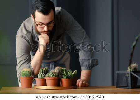 Man interested in gardening looking at succulents and cacti