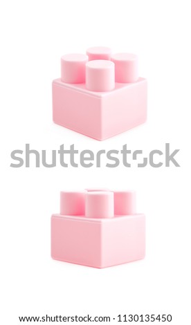 Single plastic toy construction block brick isolated the white background, set of two different foreshortenings