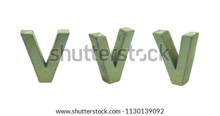 Single sawn wooden V letter symbol in different angles and foreshortenings isolated over the white background