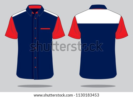 Navy-Red-White Short Sleeves Dress Shirt Design On Gray Background.
Front and Back View, Vector File Royalty-Free Stock Photo #1130183453