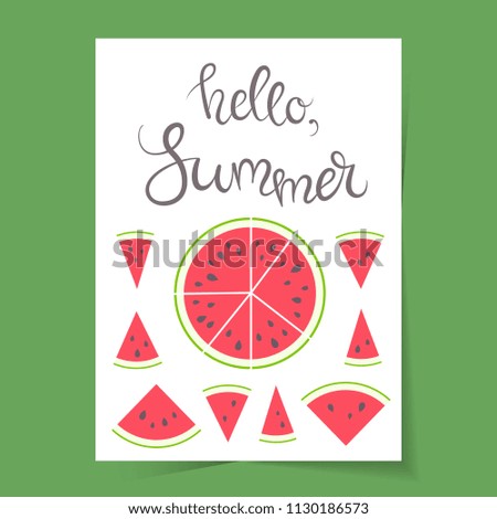 Vector illustration: set of 9 red cone and circle flat watermelon pieces icons with black seeds and green peel with calligraphic lettering isolated on white paper mock up and green background