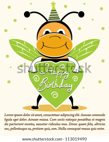 Cute Happy Birthday Card design with Bee-Vector