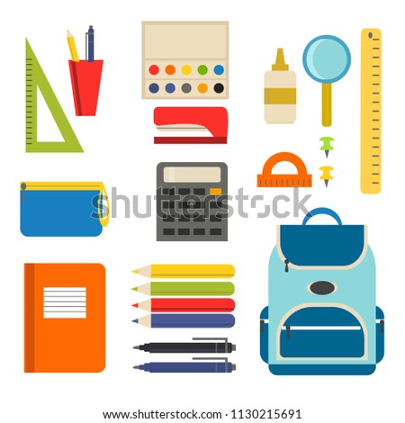 School supplies set with school bag, ruler, calculator, pen, pencils, paints, backpack, etc. Vector illustrations.