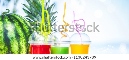Bright Fresh healthy juices, fruit, pineapple, watermelon on the background of the sea. Summer, rest, healthy lifestyle Banner concept