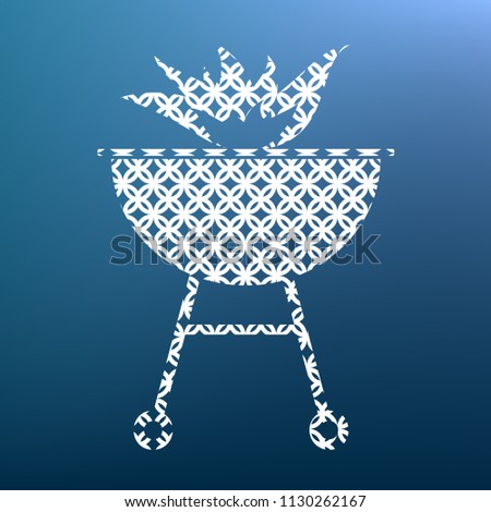 Barbecue with fire sign. Vector. White textured icon at lapis lazuli gradient background.